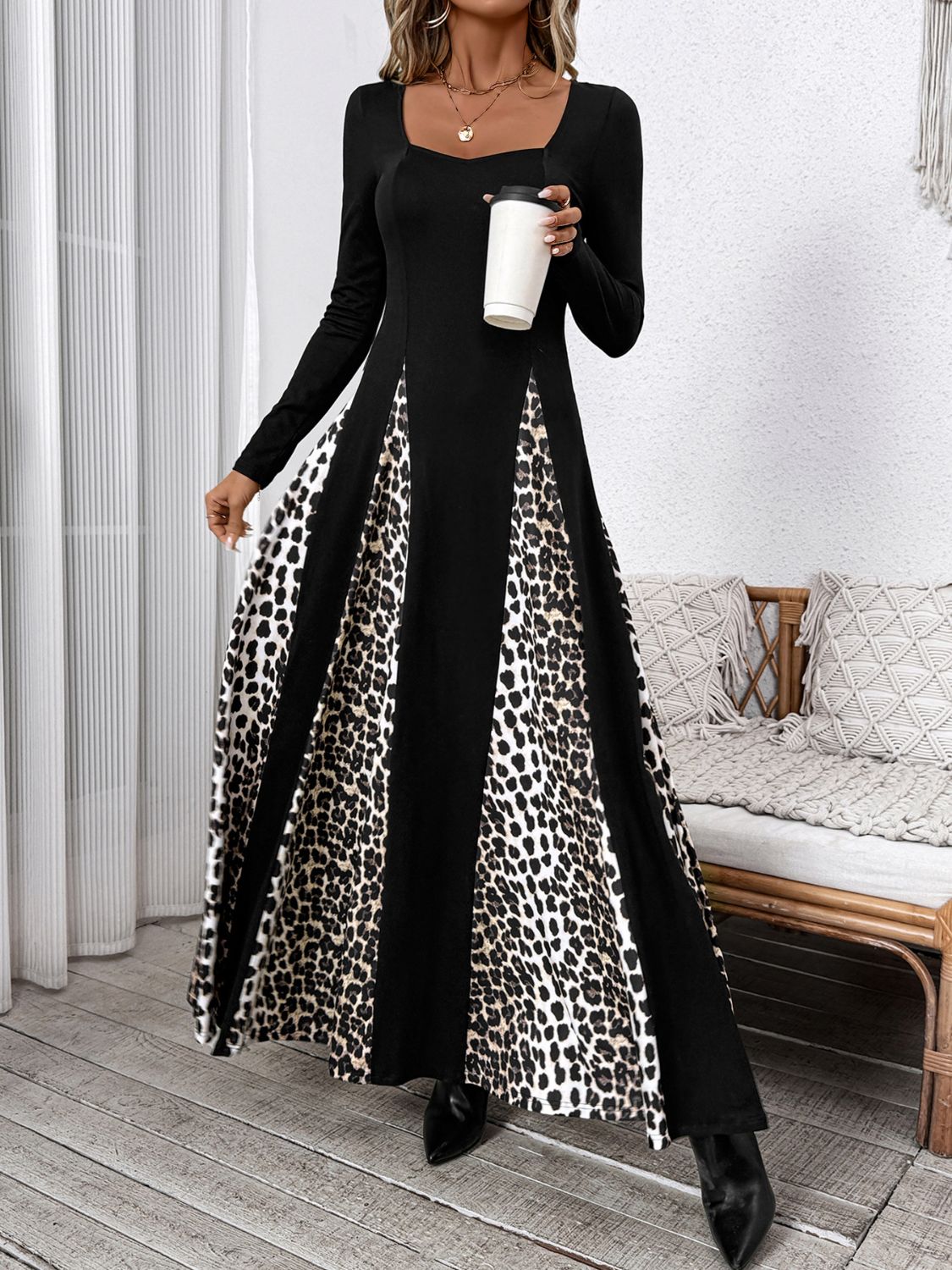 Perfee Leopard Square Neck Long Sleeve Maxi Dress