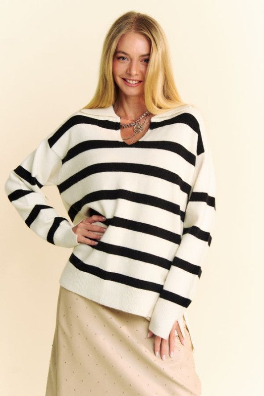 Davi & Dani High-Low Side Slit Striped Johnny Collar Sweater